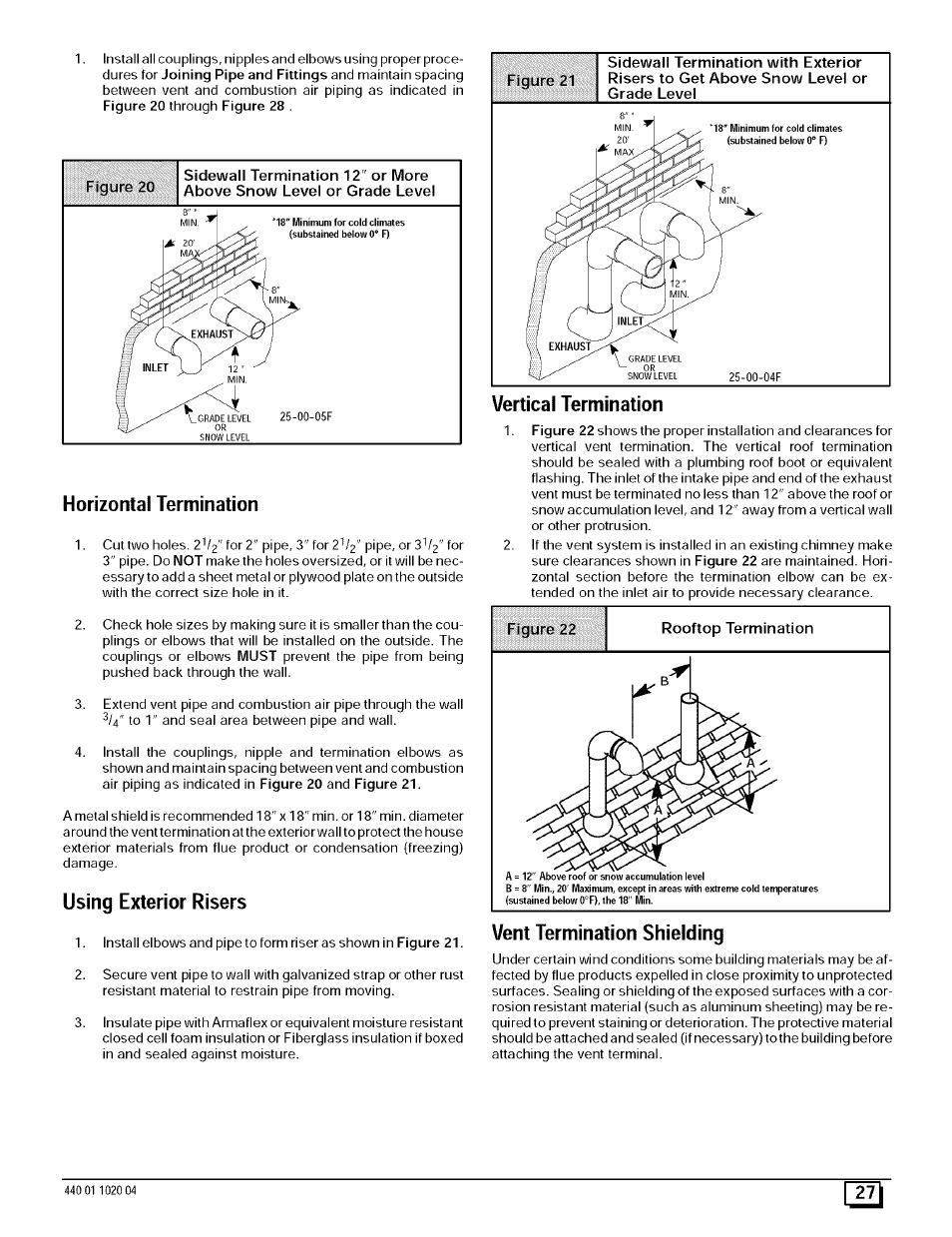 Horizontal termination, Using exterior risers, Vertical termination | Vent termination shielding | Sears 9MPD125L20B1 User Manual | Page 27 / 63