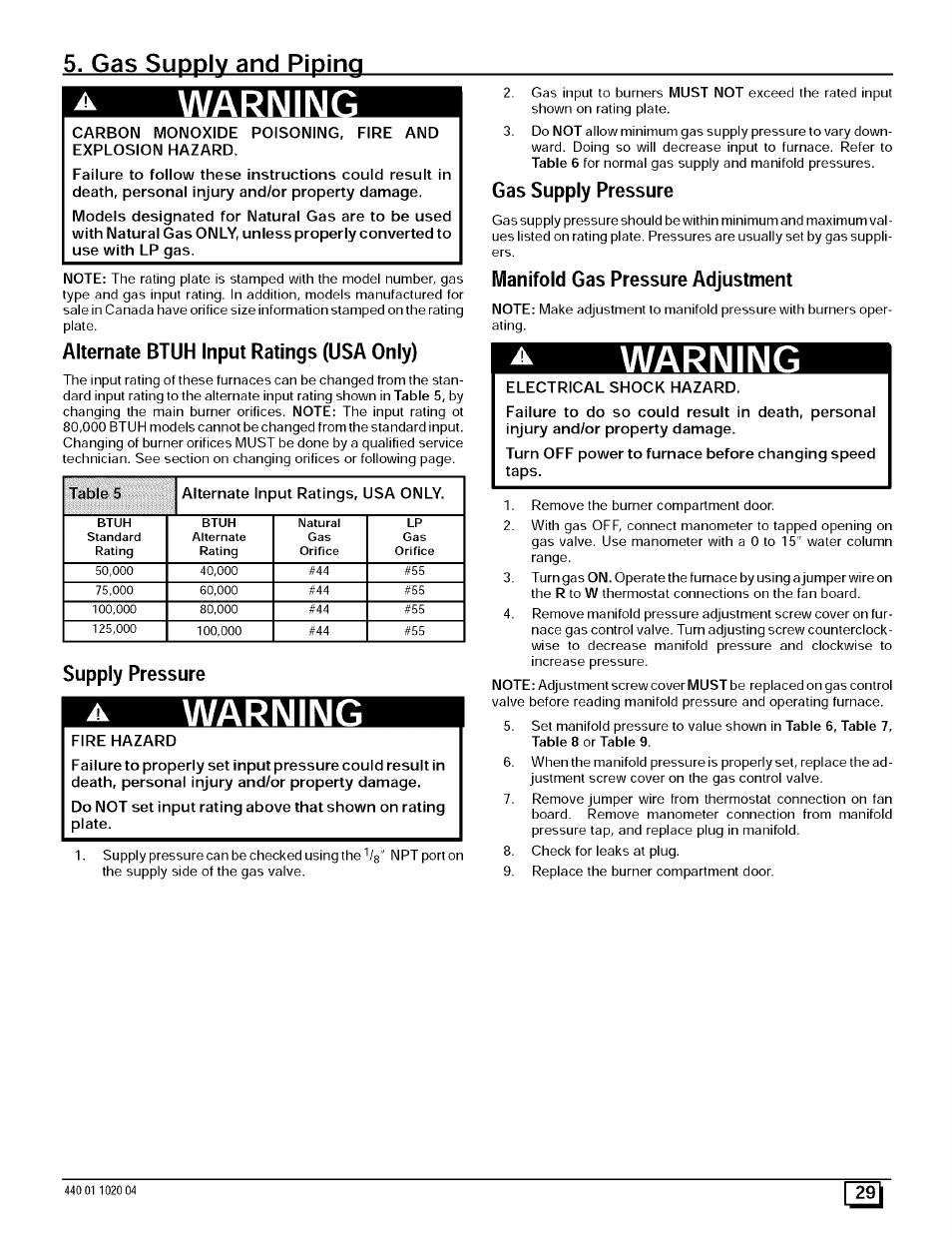 Gas supply and piping, Alternate btuh input ratings (usa only), Supply pressure | Gas supply pressure, Manifold gas pressure adjustment, Warn in, Warning | Sears 9MPD125L20B1 User Manual | Page 29 / 63