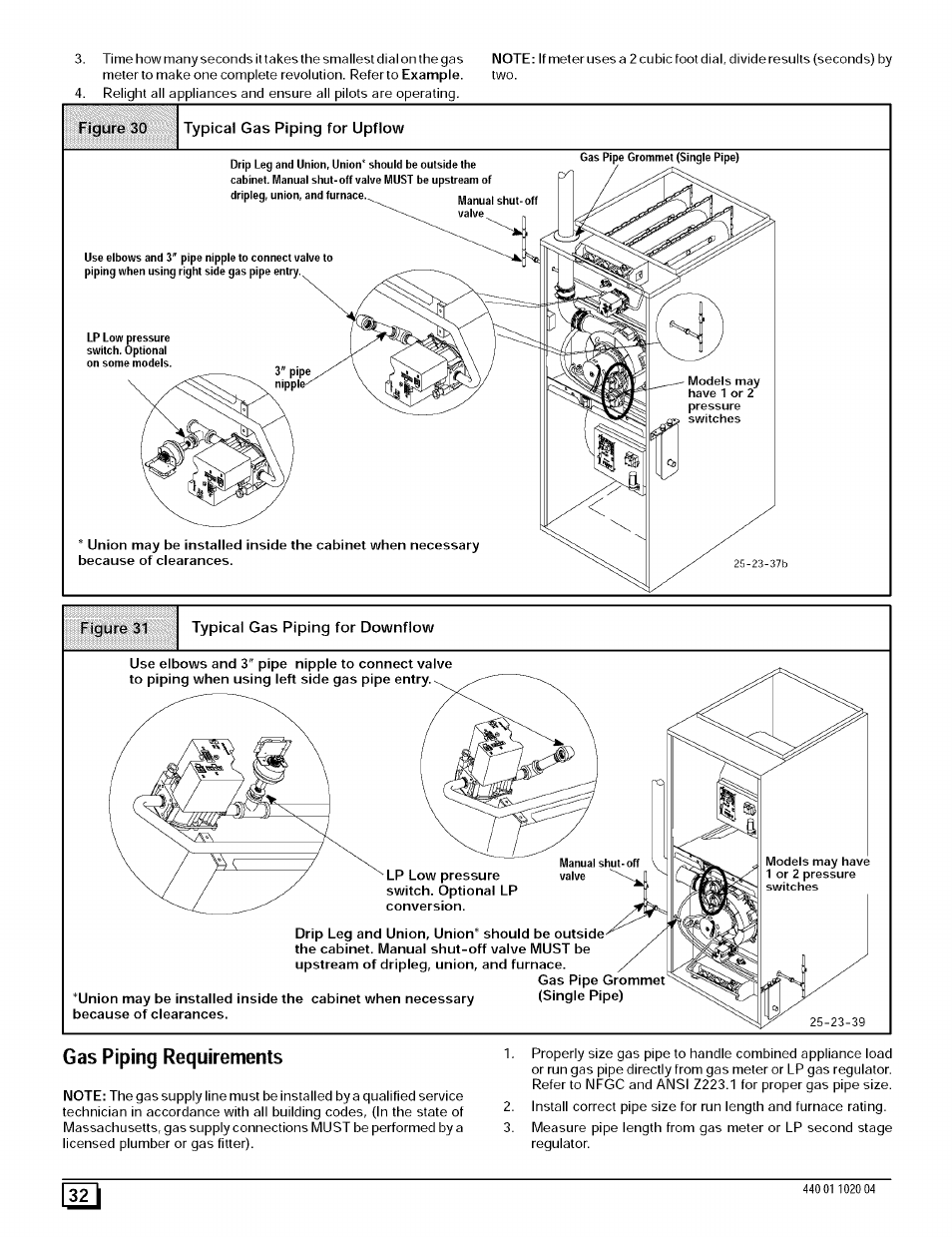 Figuro 30, Typical gas piping for upflow, Figure 31 | Typical gas piping for downflow, Gas piping requirements | Sears 9MPD125L20B1 User Manual | Page 32 / 63