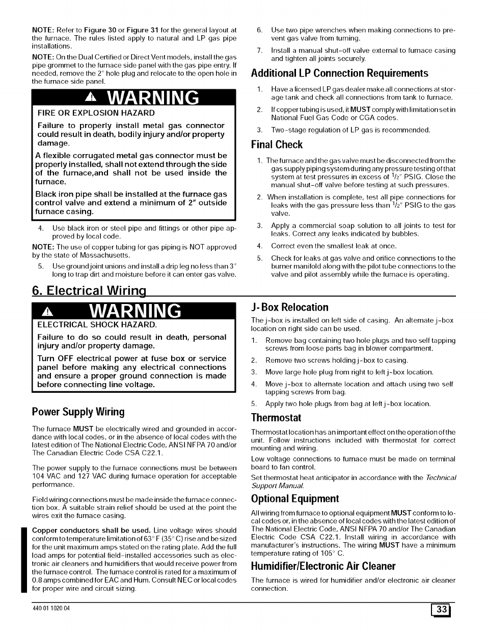 Additional lp connection requirements, Final check, Electrical wiring | Power supply wiring, J-box relocation, Thermostat, Optional equipment, Humidifier/electronic air cleaner, Warning | Sears 9MPD125L20B1 User Manual | Page 33 / 63