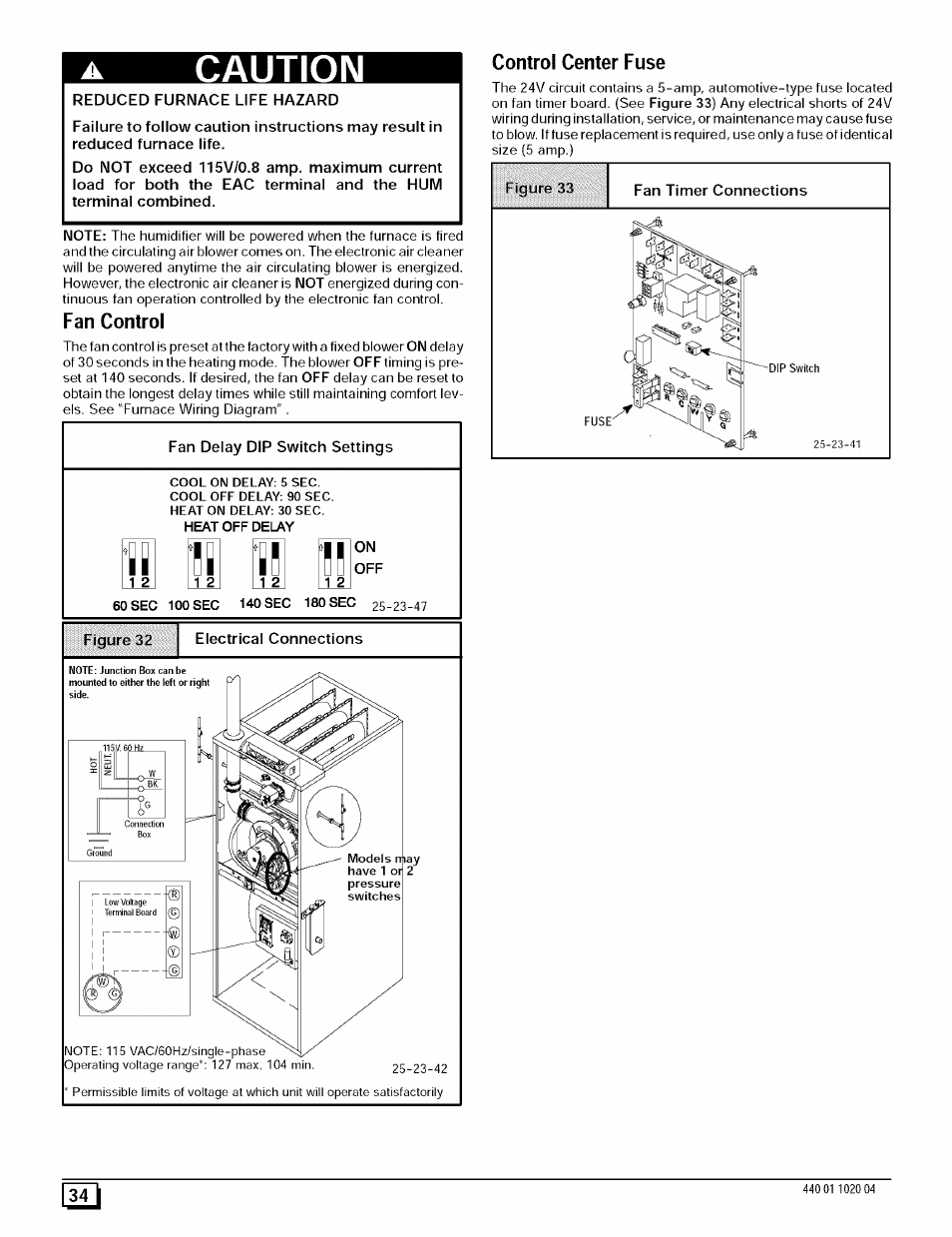 Reduced furnace life hazard, Control center fuse, Fan control | Caution | Sears 9MPD125L20B1 User Manual | Page 34 / 63