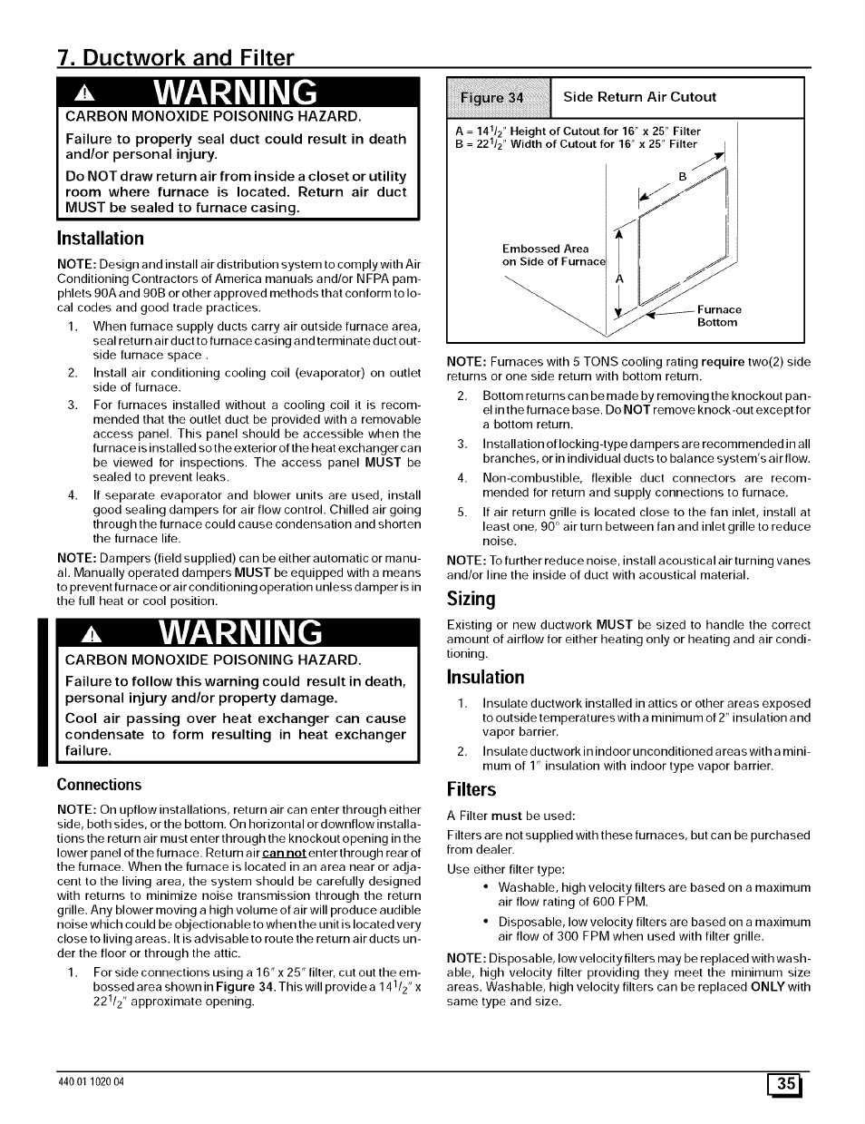 Ductwork and filter, Installation, Sizing | Insulation, Filters, Warning | Sears 9MPD125L20B1 User Manual | Page 35 / 63