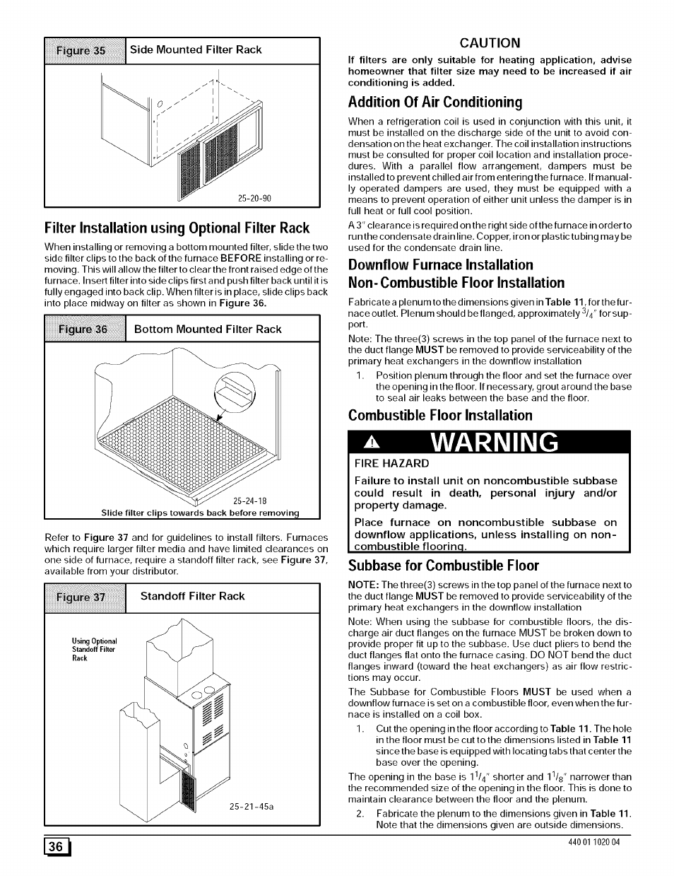 Filter installation using optional filter rack, Addition of air conditioning, Combustible floor installation | Fire hazard, Subbase for combustible floor, Warning, Caution | Sears 9MPD125L20B1 User Manual | Page 36 / 63