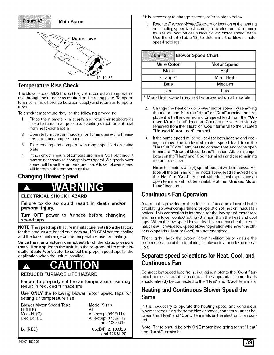 Temperature rise check, Changing blower speed, Electrical shock hazard | Reduced furnace life hazard, Continuous fan operation, Heating and continuous blower speed the same, Warning, Caution | Sears 9MPD125L20B1 User Manual | Page 39 / 63