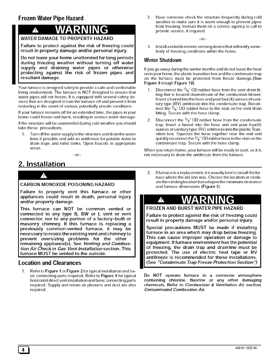 Frozen water pipe hazard, Installation, Warning | Winter shutdown, Location and clearances | Sears 9MPD125L20B1 User Manual | Page 4 / 63