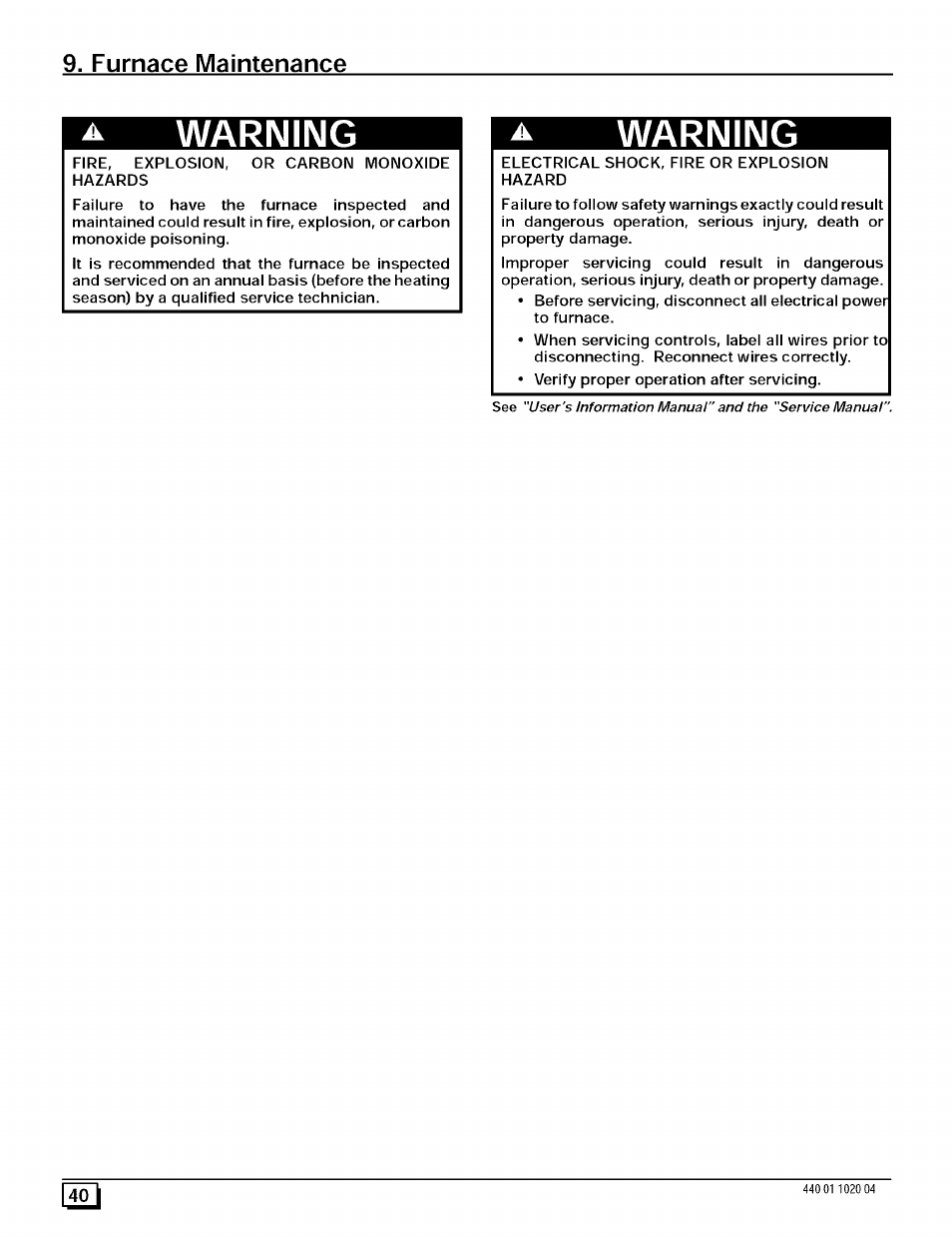 Furnace maintenance, Warning | Sears 9MPD125L20B1 User Manual | Page 40 / 63