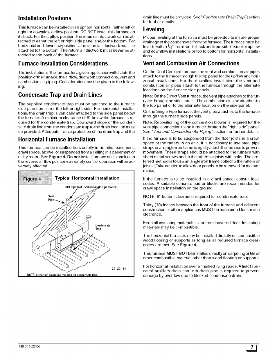 Furnace installation considerations, Condensate trap and drain lines, Horizontal furnace installation | Leveling, Vent and combustion air connections, Installation positions | Sears 9MPD125L20B1 User Manual | Page 7 / 63