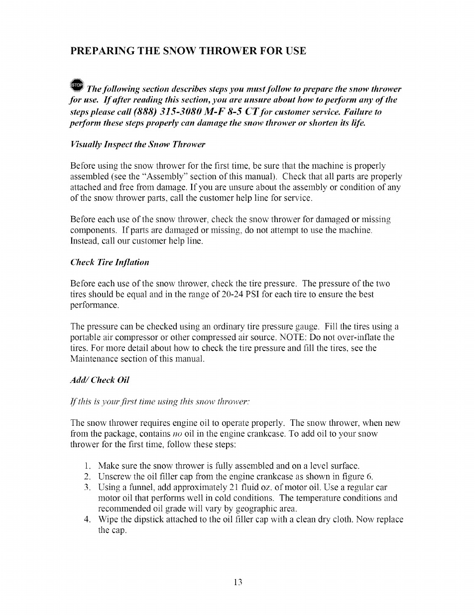 Preparing the snow thrower for use | Sears 270-3250 User Manual | Page 13 / 34