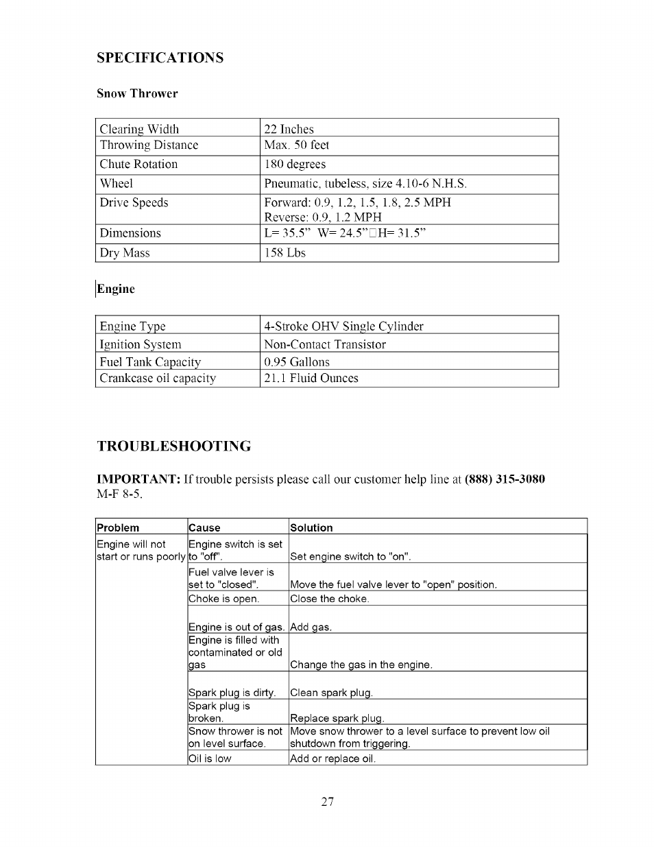 Specifications, Troubleshooting | Sears 270-3250 User Manual | Page 27 / 34