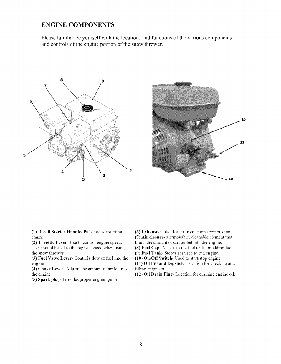 Engine components | Sears 270-3250 User Manual | Page 8 / 34