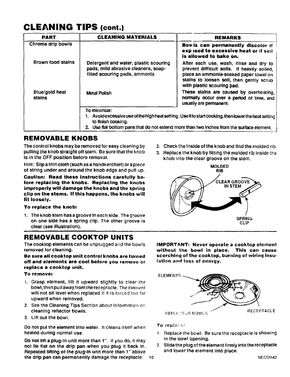 Cleaning tips (cont.), Removable knobs, Removable cooktop units | Sears KENMORE 93331 User Manual | Page 11 / 16