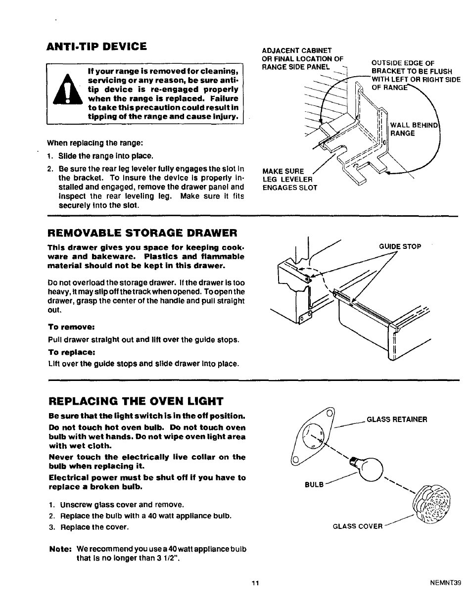 To remove, Anti-tip device, Removable storage drawer | Replacing the oven light | Sears KENMORE 93331 User Manual | Page 12 / 16