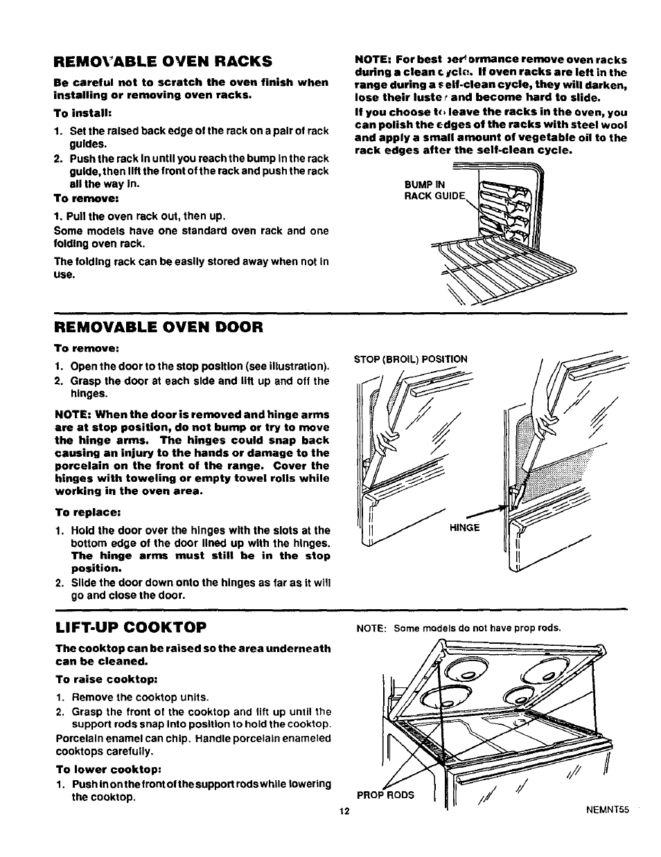 To remove, To replace, Removable oven racks | Removable oven door, Lift-up cooktop | Sears KENMORE 93331 User Manual | Page 13 / 16