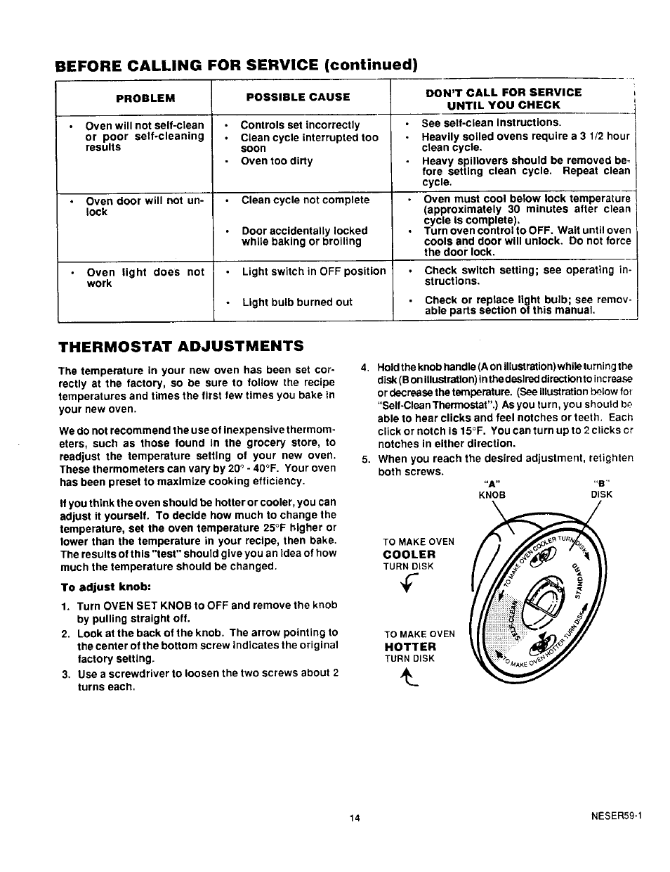 Before calling for service (continued), Thermostat adjustments | Sears KENMORE 93331 User Manual | Page 15 / 16