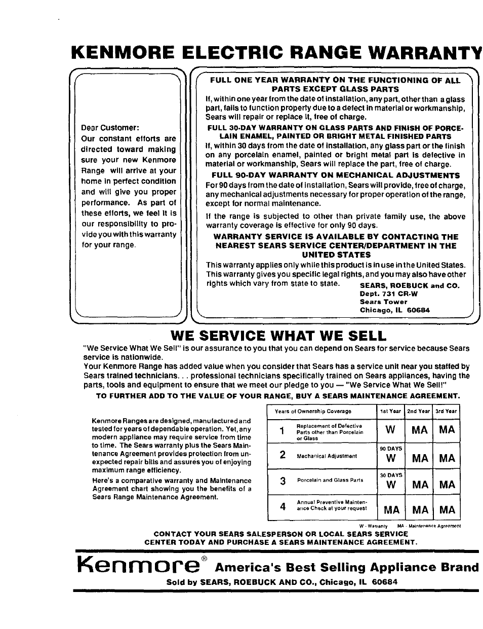 We service what we sell, Kenmore, Kenmore electric range warranty | America's best selling appliance brand | Sears KENMORE 93331 User Manual | Page 16 / 16