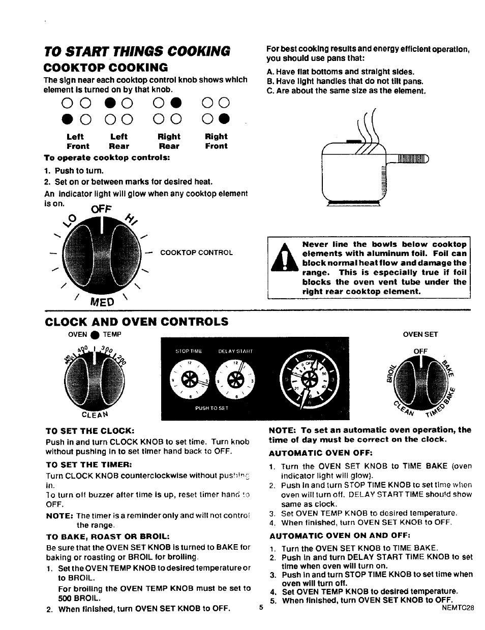 Push to turn, Set on or between marks for desired heat, Cooktop cooking | Clock and oven controls | Sears KENMORE 93331 User Manual | Page 6 / 16