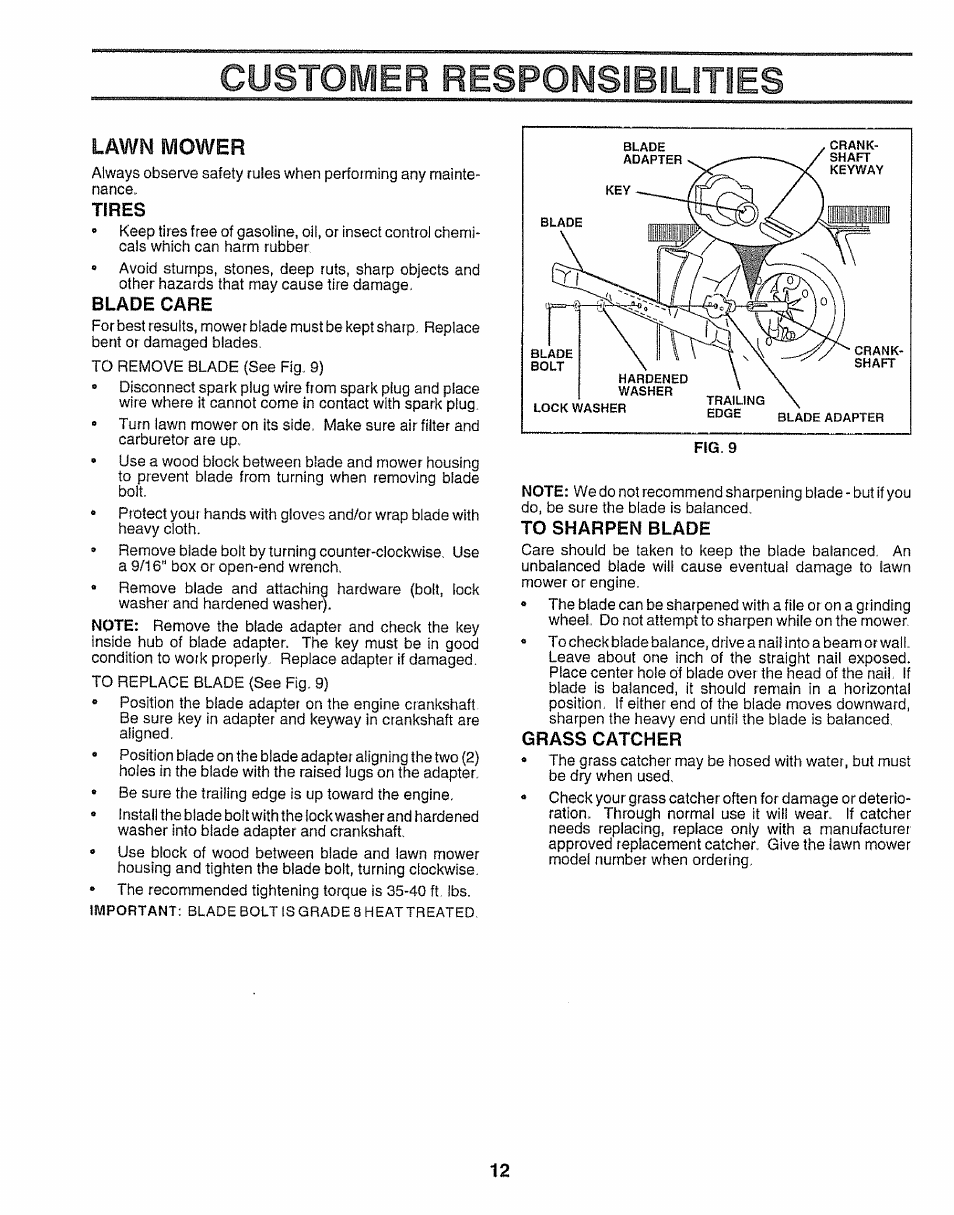 Tires, Blade care, To sharpen blade | Grass catcher, Customer responsibilities, Lawn mower | Sears 917.38783 User Manual | Page 12 / 22