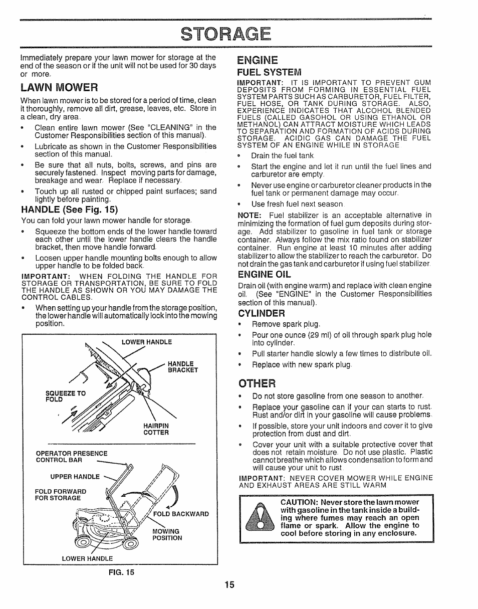 Storage, Lawn mower, Handle (see fig. 15) | Engine, Fuel system, Engine oil, Cylinder, Other, Lawn mower -17 | Sears 917.38783 User Manual | Page 15 / 22