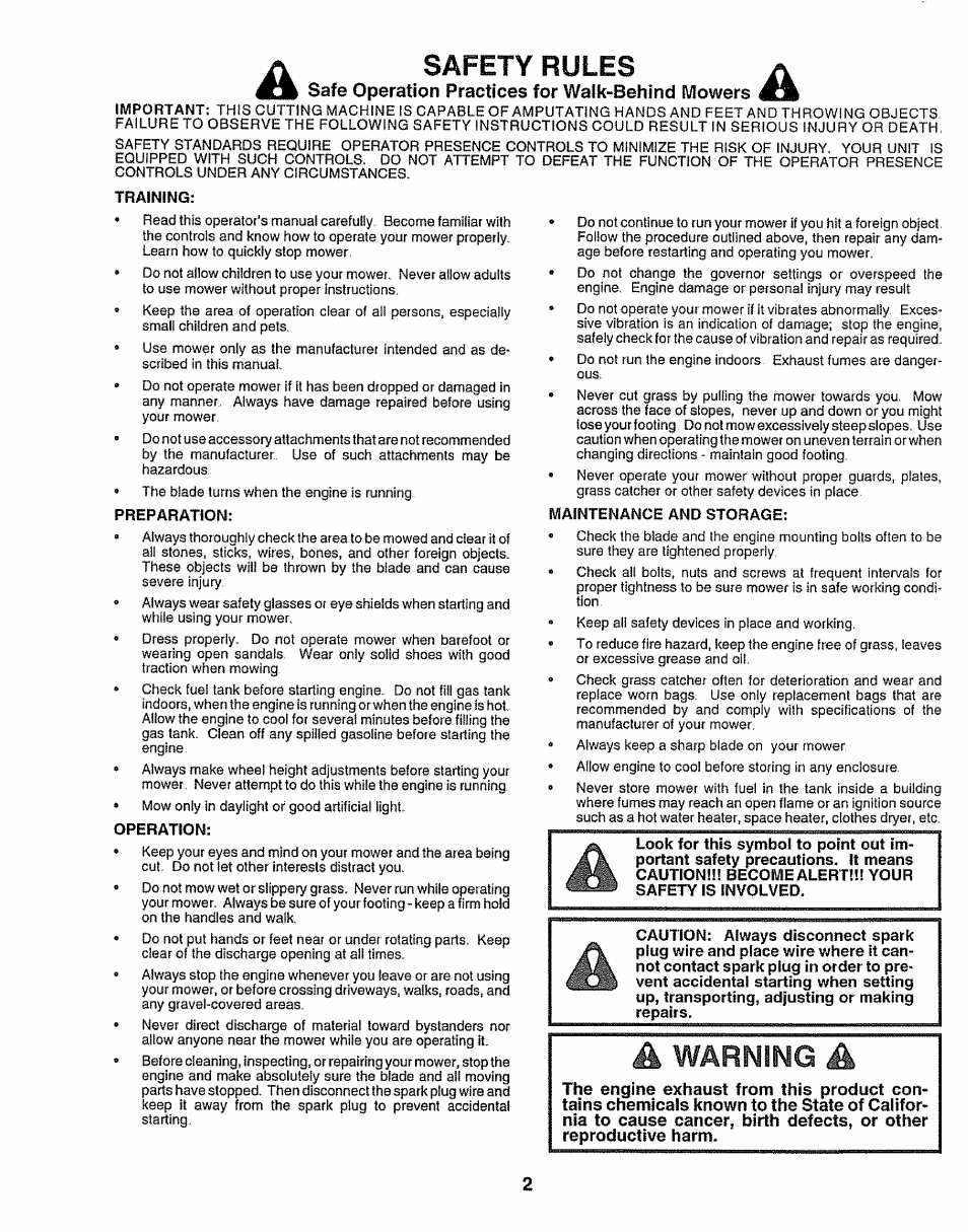 Safe operation practices for walk-behind mowers, Warning, Safety rules | Sears 917.38783 User Manual | Page 2 / 22