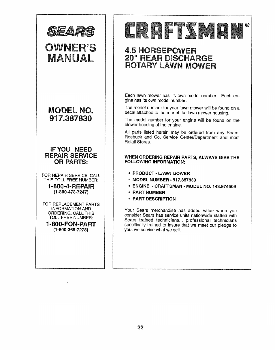 Bemms, Owner’s manual, 5 horsepower 20" rear discharge rotary | Mower, Model no, Lawn | Sears 917.38783 User Manual | Page 22 / 22