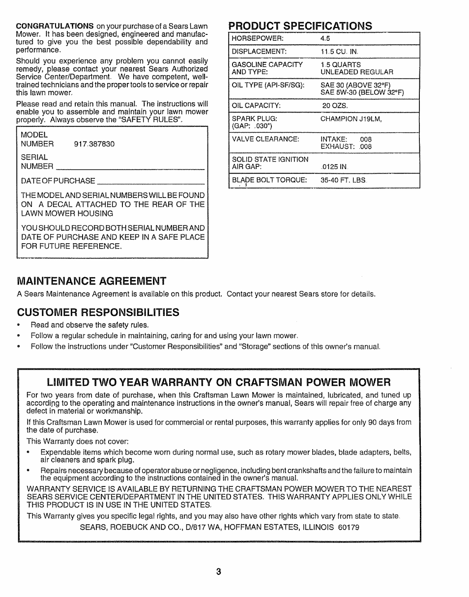 Maintenance agreement, Product specifications, Customer responsibilities | Limited two year warranty on craftsman power mower | Sears 917.38783 User Manual | Page 3 / 22