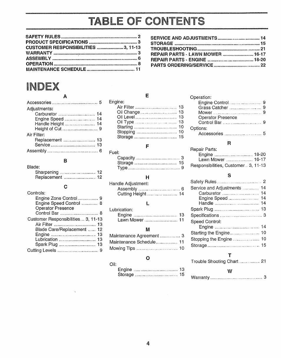 Table of contewts, Index | Sears 917.38783 User Manual | Page 4 / 22
