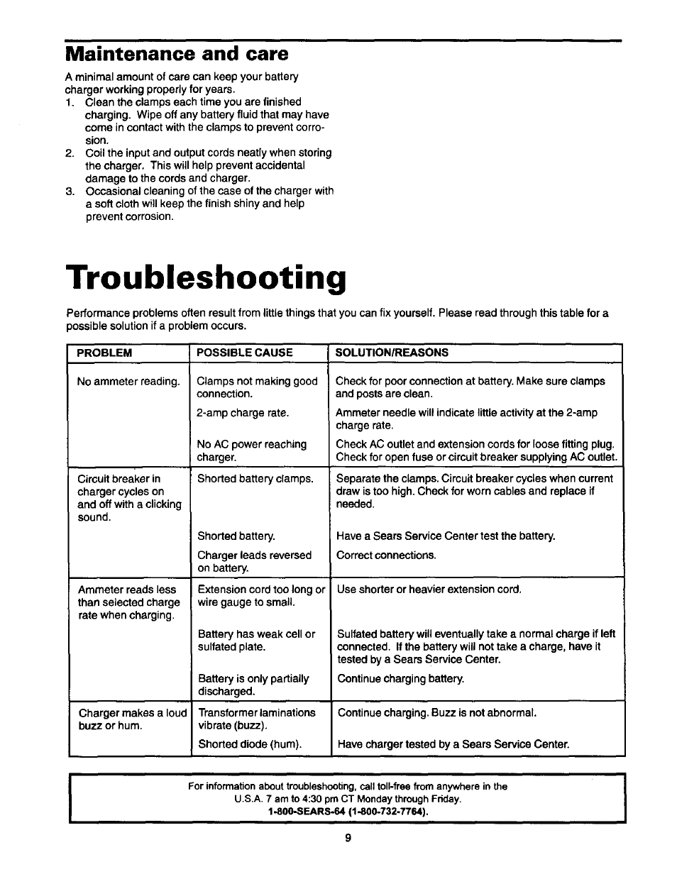 Troubleshooting, Maintenance and care | Sears 200.71221 User Manual | Page 10 / 11