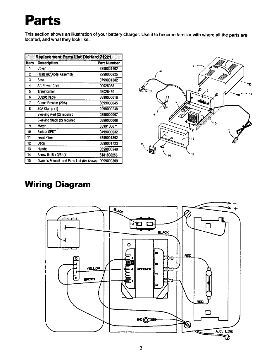 Parts, Wiring diagram | Sears 200.71221 User Manual | Page 4 / 11