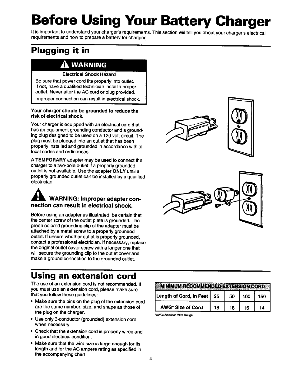 Electrical shock hazard, Before using your battery charger, Plugging it in a | Using an extension cord, Warimiimg | Sears 200.71221 User Manual | Page 5 / 11