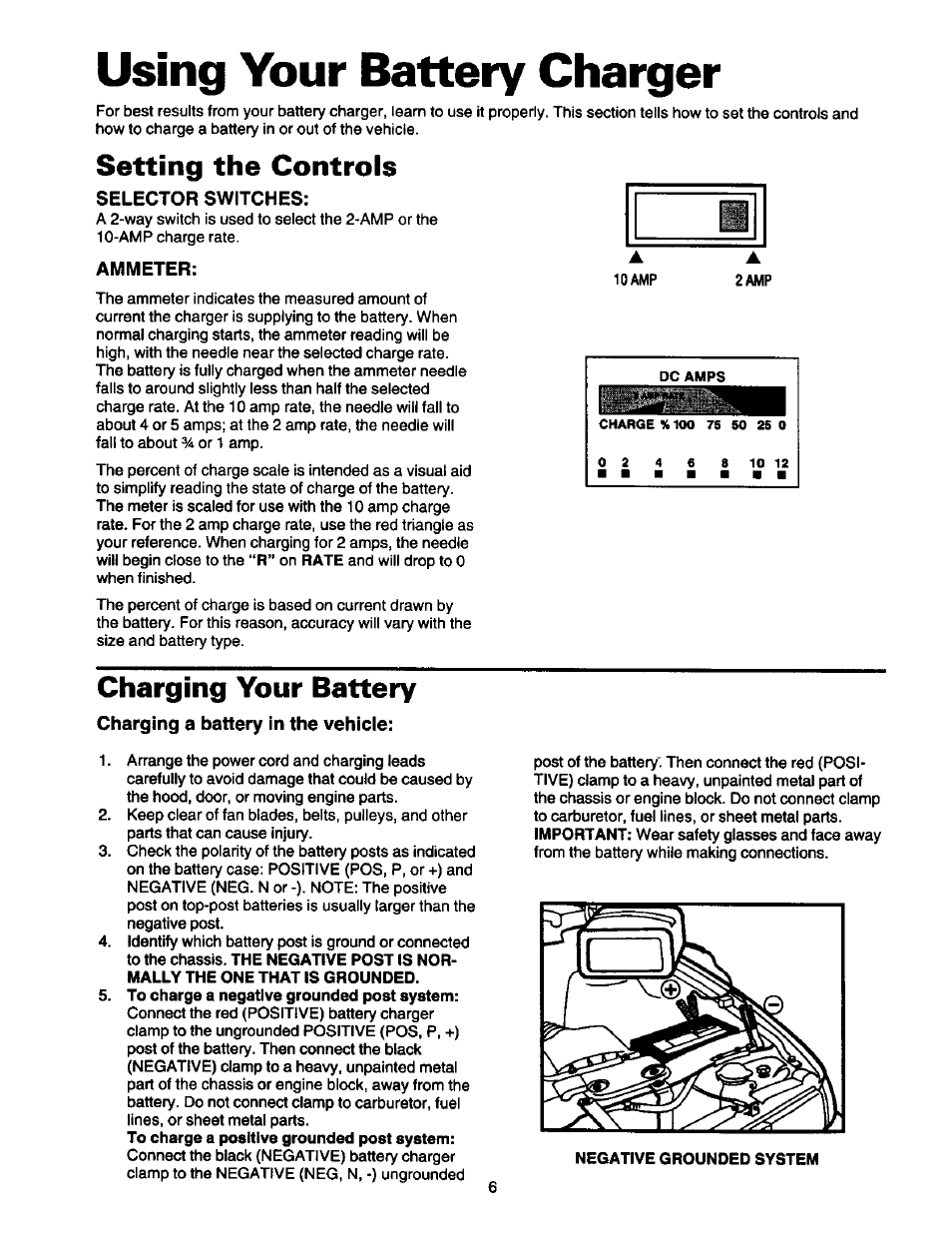 Using your battery charger, Setting the controls, Charging your battery | Sears 200.71221 User Manual | Page 7 / 11