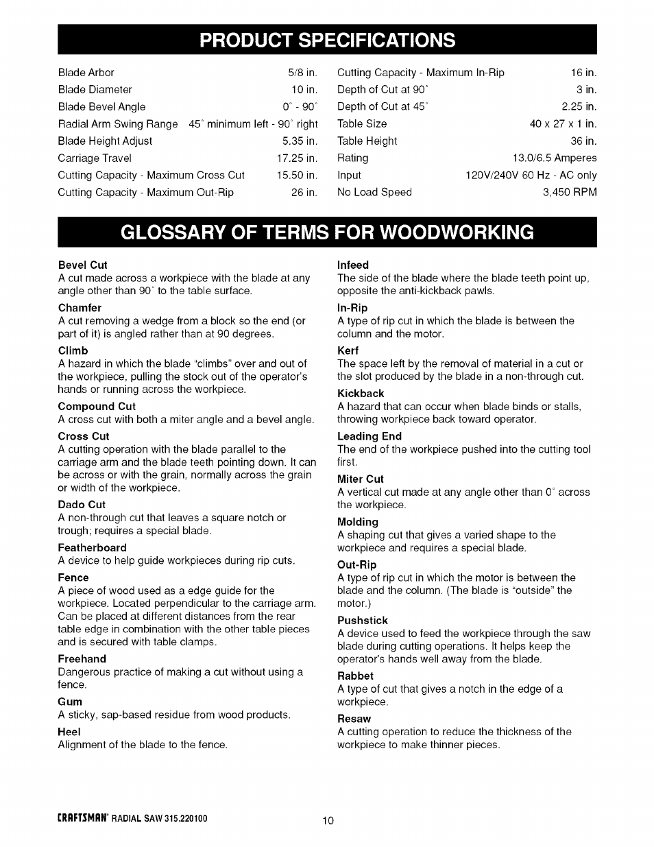Product specifications, Glossary of terms for woodworking, Bevel cut | Chamfer, Climb, Dado cut, Featherboard, Freehand, Heel, Infeed | Sears 315.220100 User Manual | Page 10 / 86
