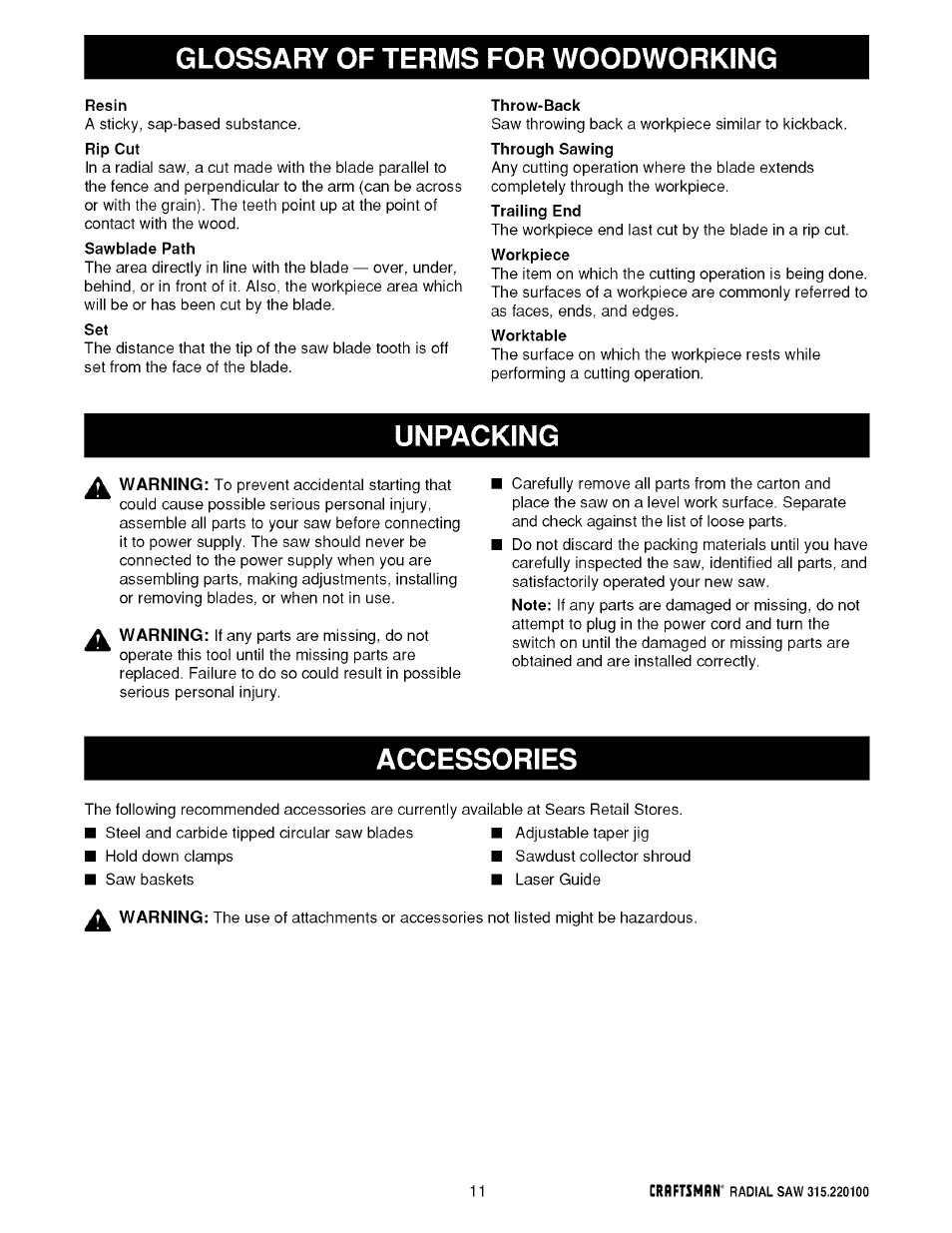 Glossary of terms for woodworking, Resin, Sawblade path | Throw-back, Worktable, Unpacking, Accessories | Sears 315.220100 User Manual | Page 11 / 86