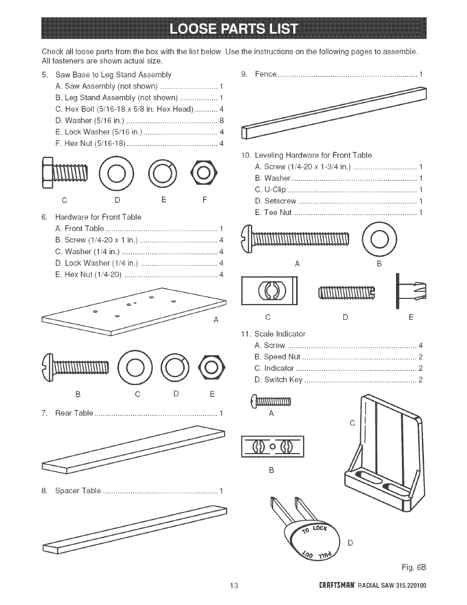 Loose parts lis | Sears 315.220100 User Manual | Page 13 / 86