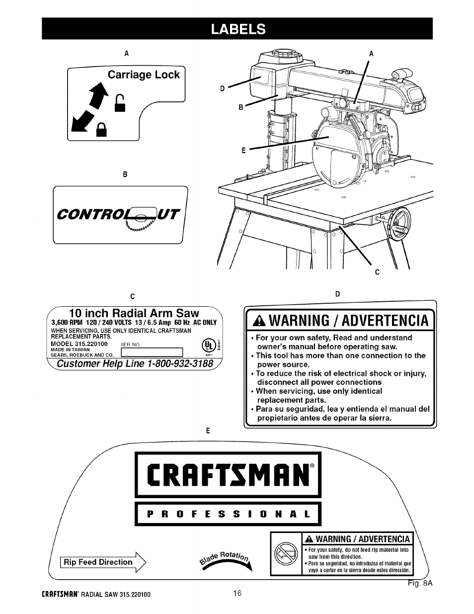 Labels, Labels -17, A warning/advertencia | 10 inch radial arm saw | Sears 315.220100 User Manual | Page 16 / 86
