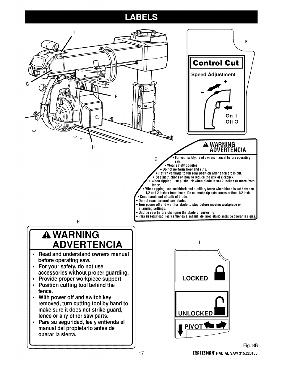 Labels, Awarning, Advertencia | Awarning advertencia, A warning advertencia | Sears 315.220100 User Manual | Page 17 / 86