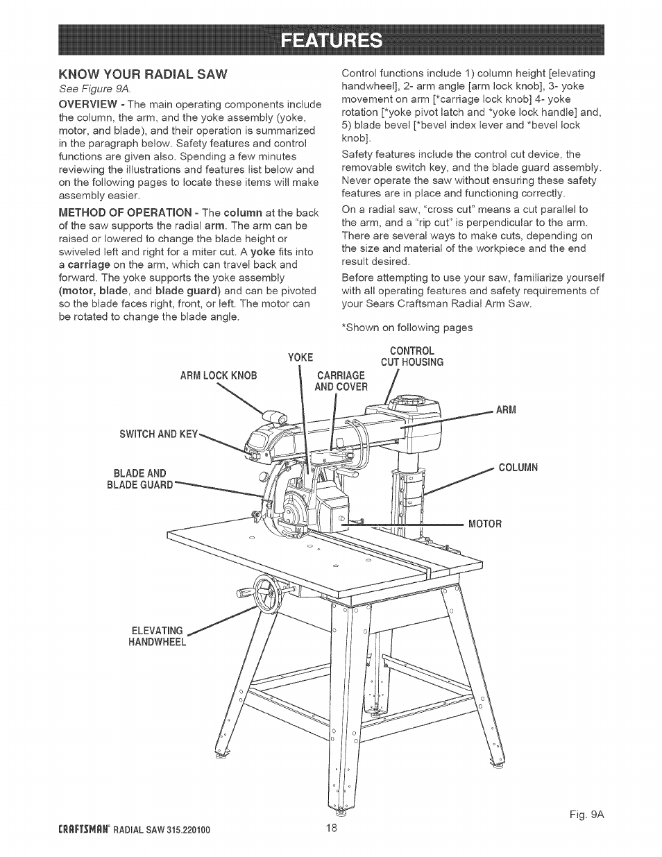 Features | Sears 315.220100 User Manual | Page 18 / 86