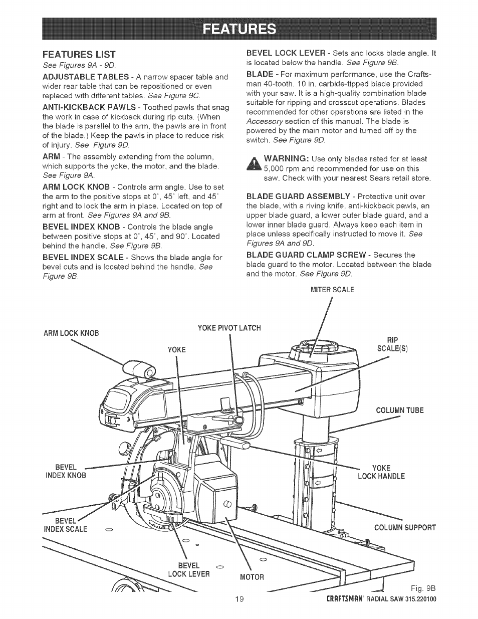 Features | Sears 315.220100 User Manual | Page 19 / 86