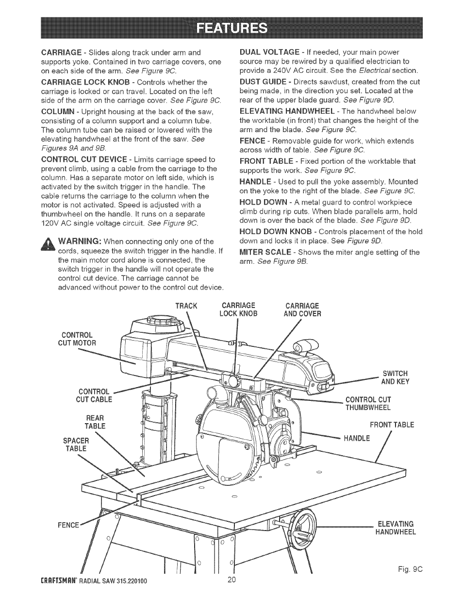 Features | Sears 315.220100 User Manual | Page 20 / 86