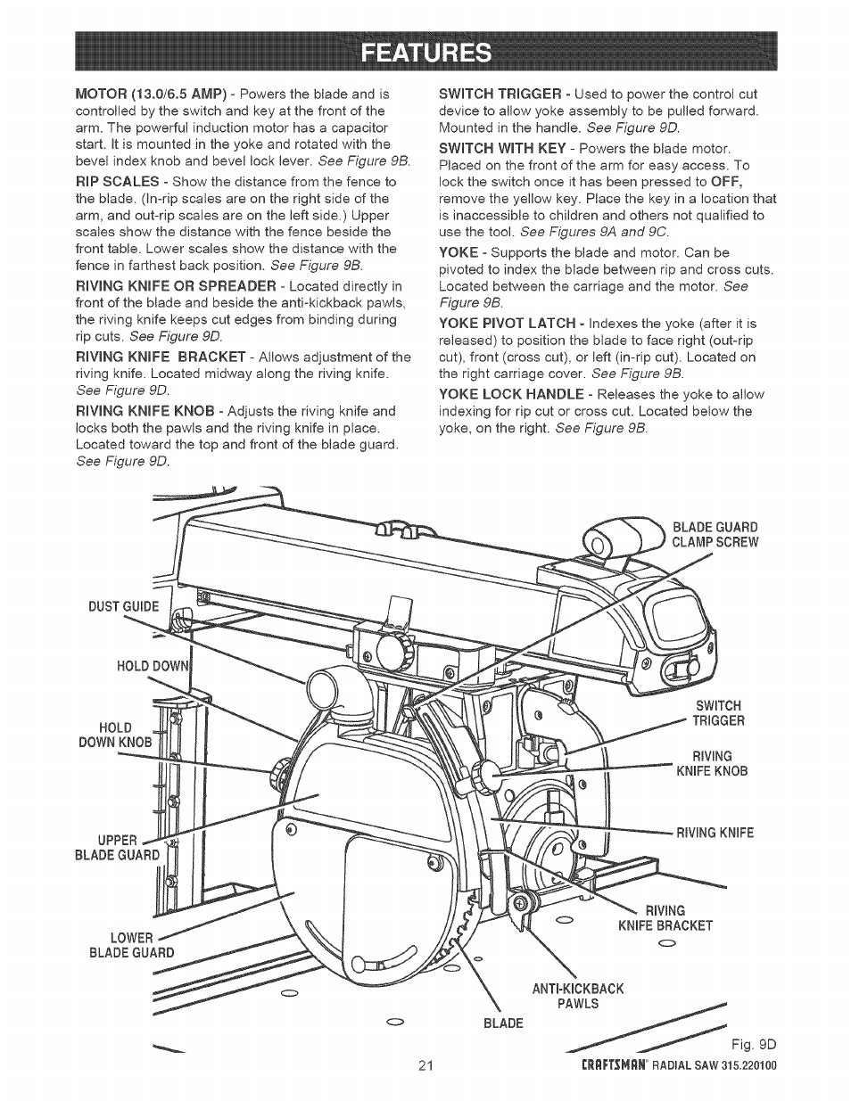 Features | Sears 315.220100 User Manual | Page 21 / 86