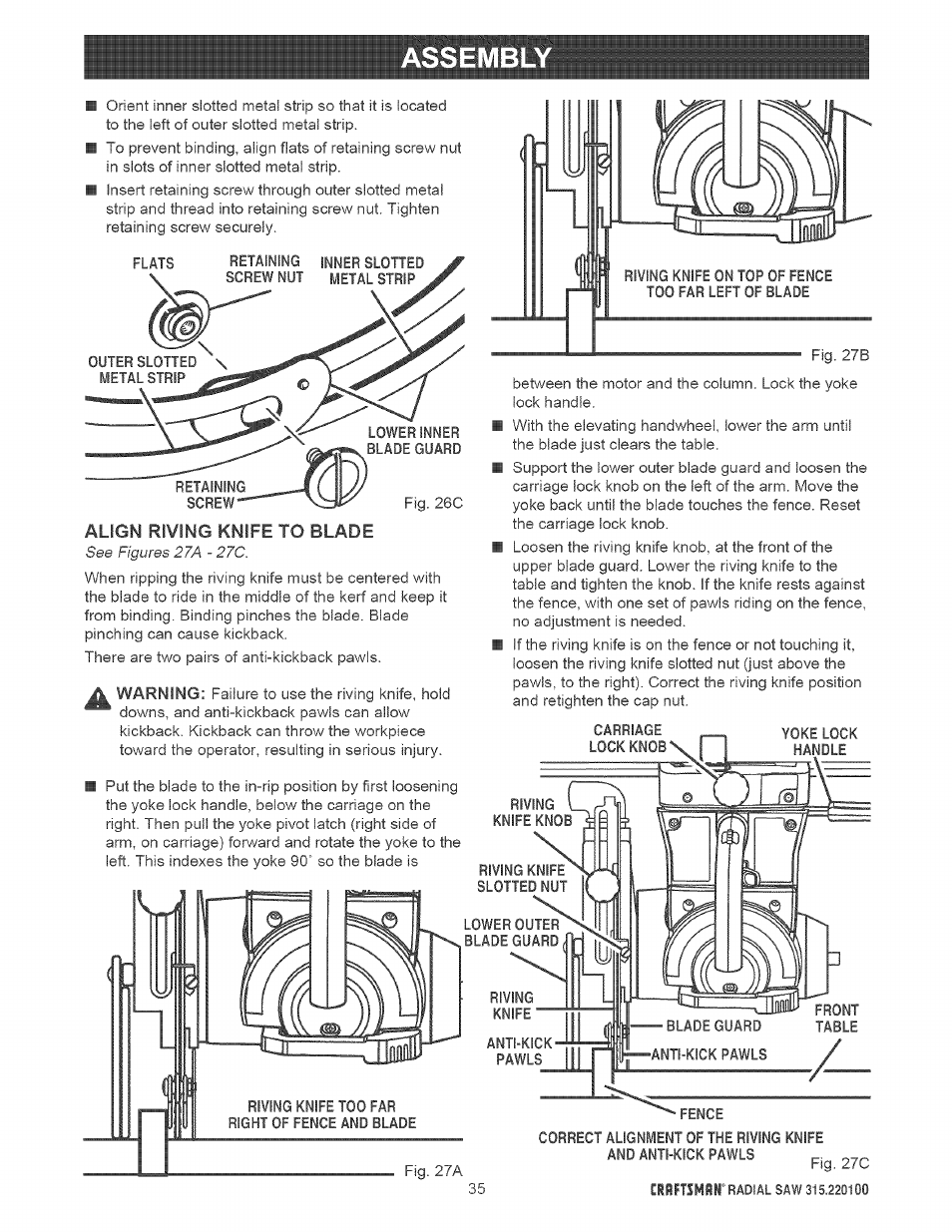 Align riving knife to blade | Sears 315.220100 User Manual | Page 35 / 86