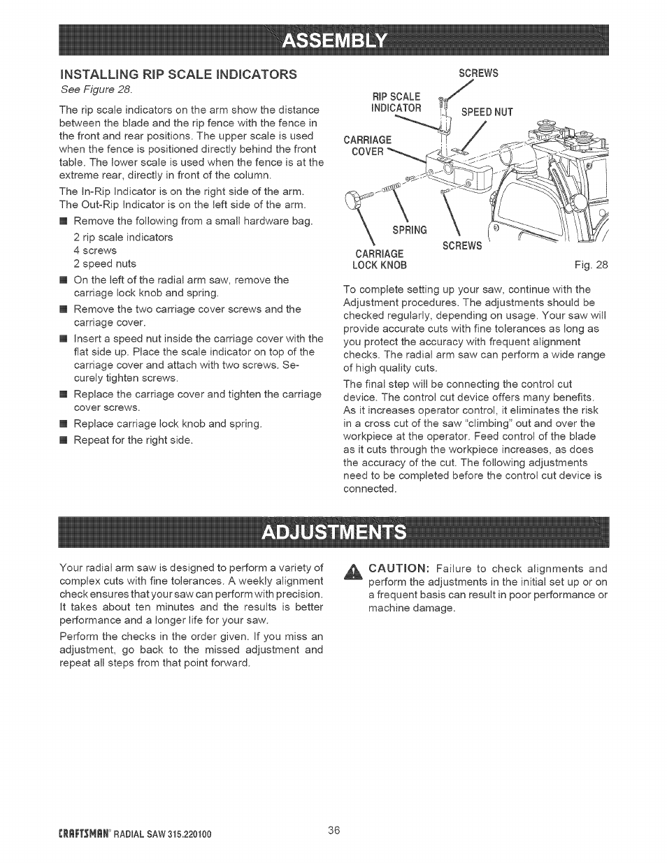 Djustment, Adjustments -43 | Sears 315.220100 User Manual | Page 36 / 86