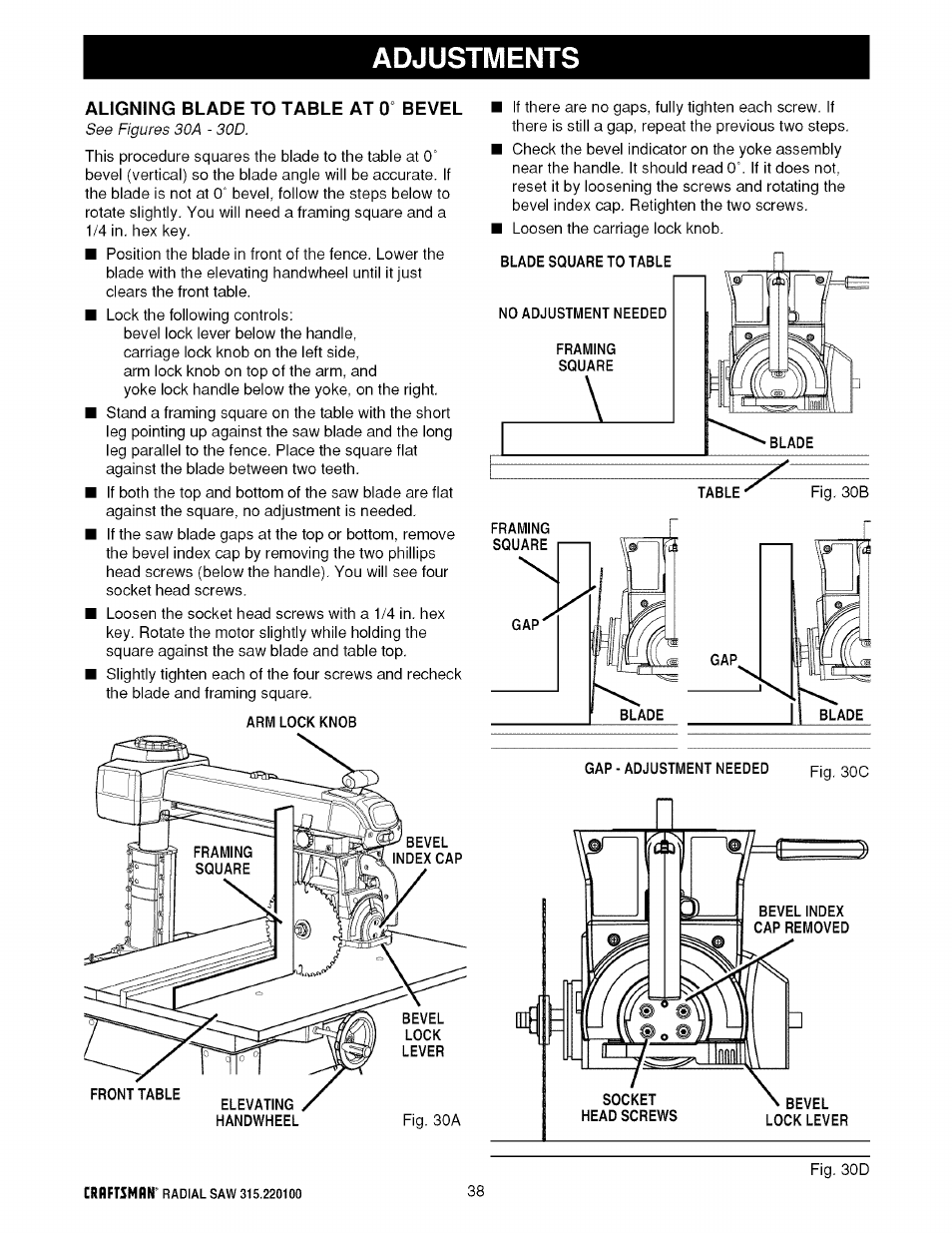 Adjustments | Sears 315.220100 User Manual | Page 38 / 86