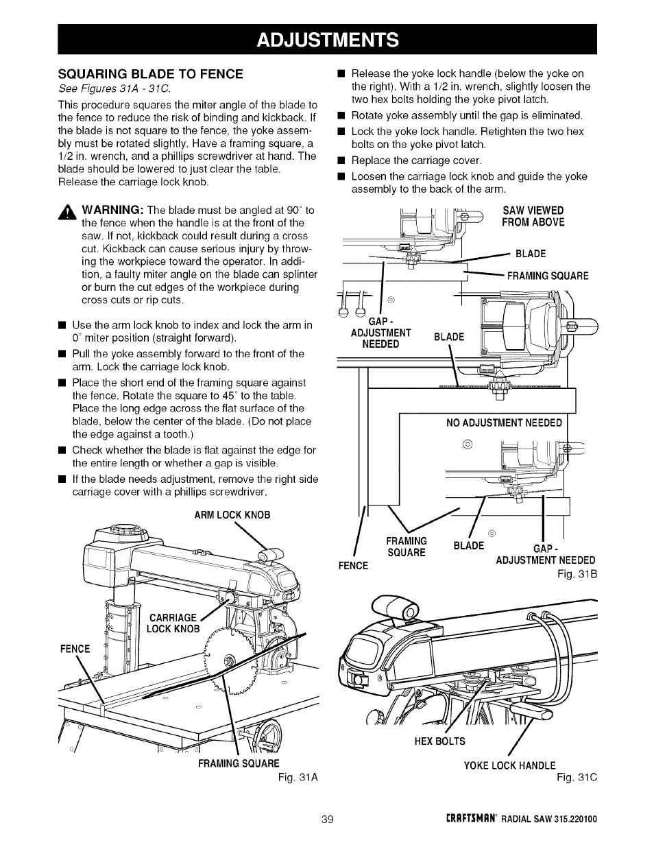 Adjustments | Sears 315.220100 User Manual | Page 39 / 86