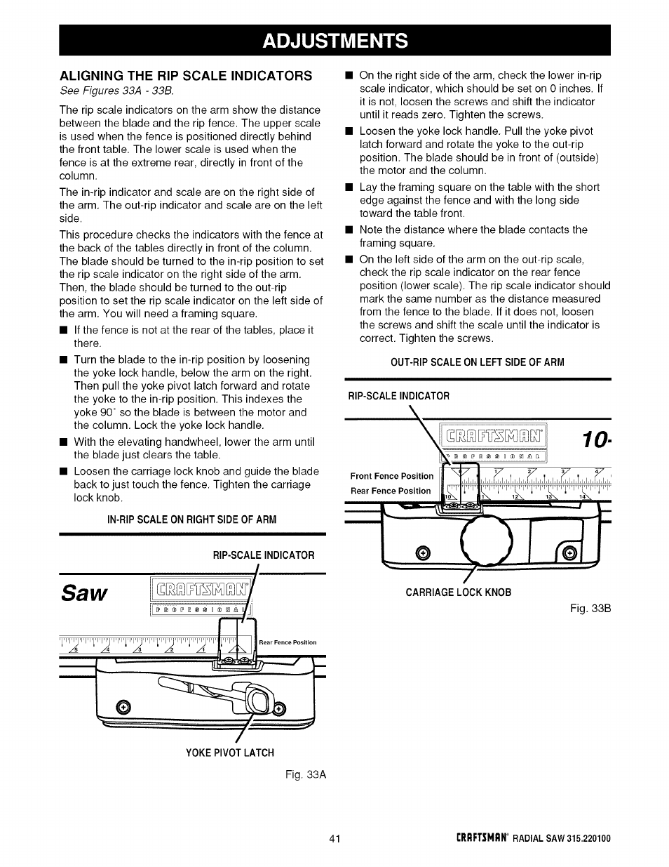 In-rip scale on right side of arm, Out-rip scale on left side of arm, Adjustments | Sears 315.220100 User Manual | Page 41 / 86