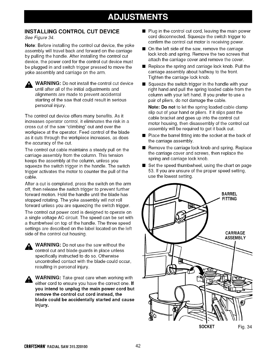 Installing control cut device, Adjustments | Sears 315.220100 User Manual | Page 42 / 86