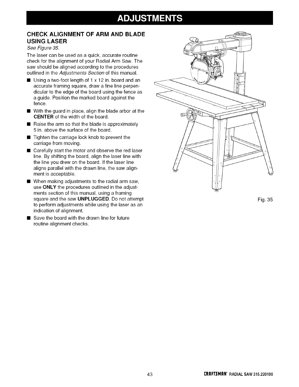 Adjustments | Sears 315.220100 User Manual | Page 43 / 86