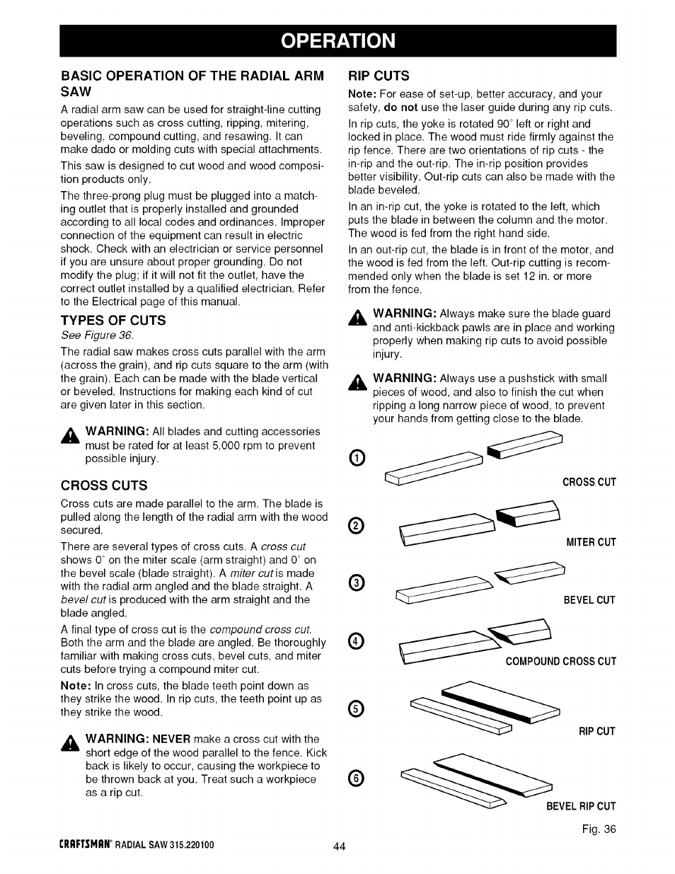 Operation | Sears 315.220100 User Manual | Page 44 / 86
