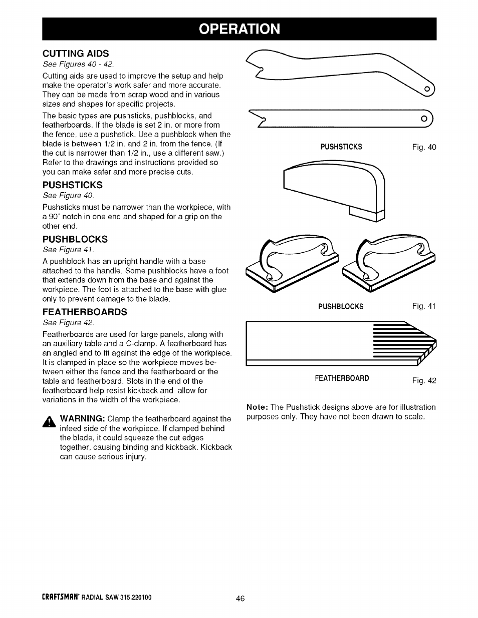 Pushsticks, Pushblocks, Featherboards | Featherboard, Operation | Sears 315.220100 User Manual | Page 46 / 86