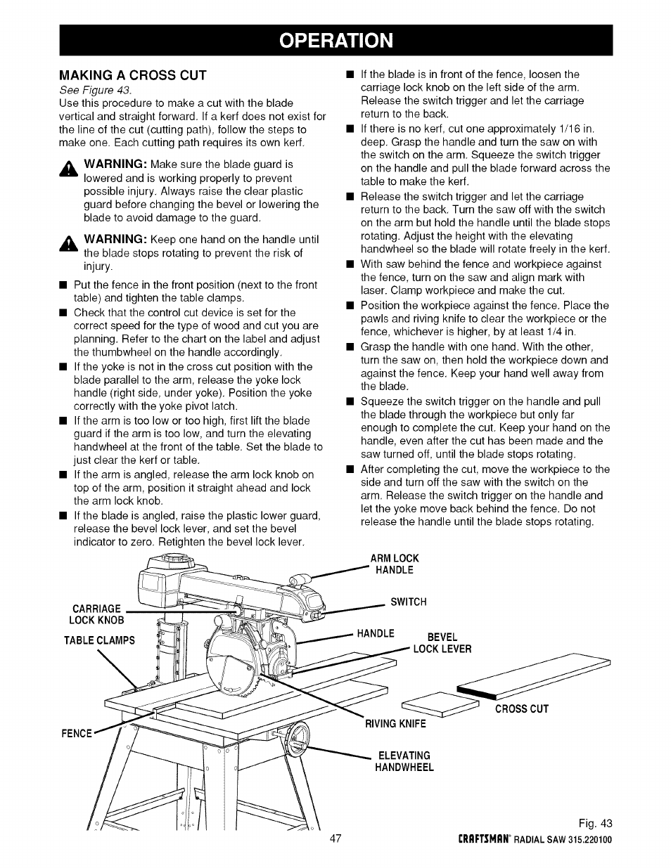 Operation | Sears 315.220100 User Manual | Page 47 / 86
