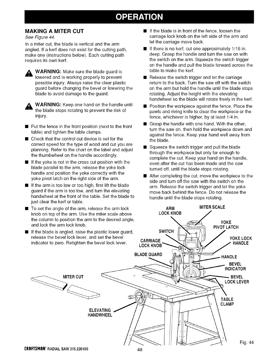 Handle, Indicator, Bevel lock lever | Operation, Making a miter cut | Sears 315.220100 User Manual | Page 48 / 86